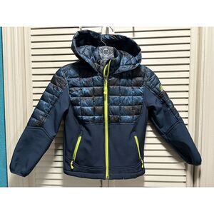 SNOZU Navy Blue/Camo/Neon Green Puffer Hooded‎ Jacket Sz Small Quilted Pockets